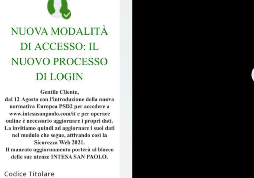 'INTESASANPAOLO: la tua utenza è stata bloccata per mancata sicurezza web, per informazioni proseguire tramite il portale indicato': attenzione alla nuova truffa ai danni della banca.