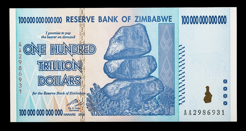 Banconota da 100 mila miliardi di Zim dollari