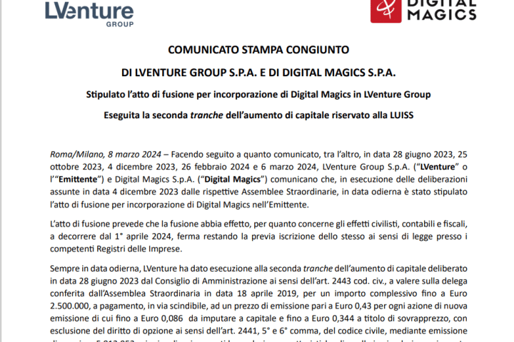 Comunicato stampa congiunto Lventure Group e Digital Magics