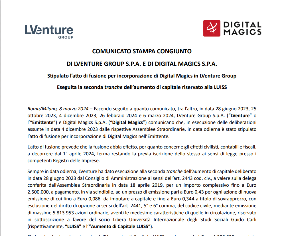 Comunicato stampa congiunto Lventure Group e Digital Magics